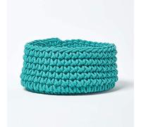 HOMESCAPES Petit Panier de rangement rond tressé en tricot Vert turquoise 100% coton - 37 x 21 cm