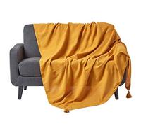 HOMESCAPES Plaid canapé en Coton, Jeté de lit ou de canapé tissé Main - Rajput - Jaune Moutarde - 225x255 cm