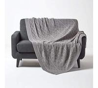 HOMESCAPES Plaid en Tricot Maille torsadée Jeté de lit ou de canapé en 100% Coton, Gris, 130 x 170 cm