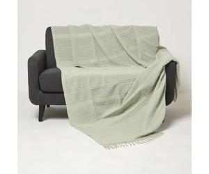 HOMESCAPES Plaid Vert Clair en Coton Kashi à Franges, Jeté de lit ou de canapé 255x360 cm