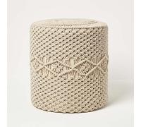 HOMESCAPES Pouf bohème Astrid, Petit Tabouret macramé, Pouf Repose Pieds Tricot Ecru