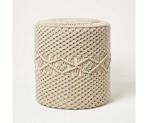 HOMESCAPES Pouf bohème Astrid, Petit Tabouret macramé, Pouf Repose Pieds Tricot Ecru