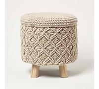 HOMESCAPES Pouf bohème Indy, Pouf Coffre de Rangement, Petit Tabouret macramé Ecru