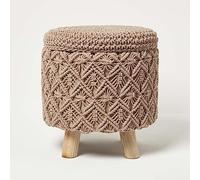 HOMESCAPES Pouf bohème Indy, Pouf Coffre de Rangement, Petit Tabouret macramé Taupe
