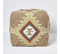 HOMESCAPES Pouf carré en Laine Kilim Jaipur, Pouf tressé à Motif géométrique, Pouf berbère et bohème déco 43 cm