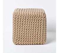 HOMESCAPES Pouf carré tressé en Tricot, Pouf Cube Coloris Beige, 35x35x35 cm