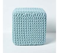 HOMESCAPES Pouf carré tressé en Tricot, Pouf Cube Coloris Bleu Pastel, 35x35x35 cm