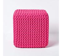 HOMESCAPES Pouf carré tressé en Tricot, Pouf Cube Coloris Rose Fuchsia, 35x35x35 cm