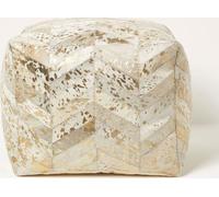 HOMESCAPES Pouf patchwork à motif chevron en cuir & fourrure crème-gris-or, 50 x 40 cm