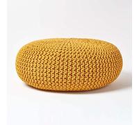 HOMESCAPES Pouf rond tressé en coton, Grand Pouf tricot coloris Jaune moutarde, 70x23 cm