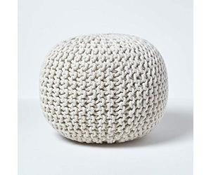 HOMESCAPES Pouf Rond tressé en Coton, Pouf Tricot Coloris Blanc cassé, 40x35 cm