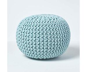 HOMESCAPES Pouf Rond tressé en Coton, Pouf Tricot Coloris Bleu Pastel, 40x35 cm