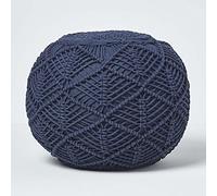 HOMESCAPES Pouf tressé en Coton macramé Bleu Marine, Repose-Pieds en Crochet, Pouf Rond Tricot 40 x 50 cm