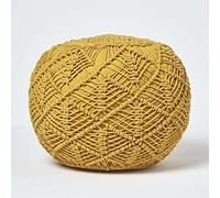 HOMESCAPES Pouf tressé en Coton macramé Jaune Moutarde, Repose-Pieds en Crochet, Pouf Rond 40 x 50 cm