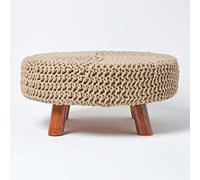 HOMESCAPES Pouf tressé en Tricot et Pieds en Bois, Coloris Beige, 62x62x30 cm