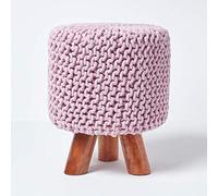 HOMESCAPES Pouf tressé en Tricot et Pieds en Bois, Coloris Rose Pastel, 32x32x42 cm