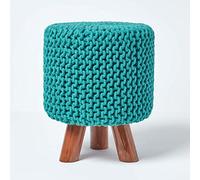 HOMESCAPES Pouf tressé en Tricot et Pieds en Bois, Coloris Vert Turquoise, 32x32x42 cm