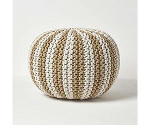 HOMESCAPES Pouf tressé Rond Beige et Blanc, Repose-Pieds, Pouf Beige en Tricot 40 x 50 cm