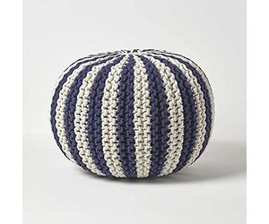 HOMESCAPES Pouf tressé Rond Bleu Marine et Blanc, Repose-Pieds, Pouf Bleu Tricot 40 x 50 cm