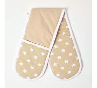 HOMESCAPES - Pur Coton - Gant de Cuisine Double - Étoiles - Beige Blanc - 18 x 84 cm - Linge de Cuisine Entièrement Coordonné et Lavable
