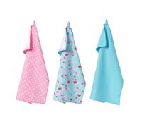 HOMESCAPES - Pur Coton - Torchons Vaisselle - Lot de Trois - Oiseaux et Fleurs - Rose Bleu - 50 x 70 cm - Linge de Cuisine Entièrement Coordonné et Lavable