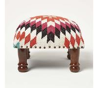 HOMESCAPES Repose-Pieds carré en Laine Kilim Manila, Petit Tabouret Bas Design à Motif géométrique, Pouf berbère et bohème déco 40x40x25 cm