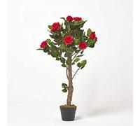 HOMESCAPES Rosier Artificiel Rouge Fleuri en Pot 90 cm