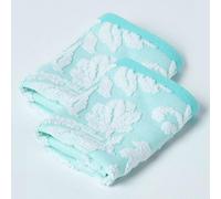 HOMESCAPES Serviette Carré éponge Jacquard 100% Coton peigné 600 g/m² Bleu, 30 x 30 cm - Lot de 2