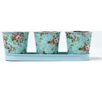 HOMESCAPES Set de pots de fleurs bleu avec imprimé de roses - 3 pots de 0,5l avec plateau