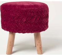 HOMESCAPES Tabouret plissé en velours Lyla rond avec pieds en bois - magenta, 40 cm de haut