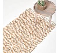 HOMESCAPES - Tapis Chindi en Chanvre à Motif Losanges Beige et Blanc, Fabrication Artisanale - Sierra - 66 x 200 cm