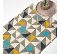 HOMESCAPES Tapis Copenhagen en coton au look scandi avec des motifs géométriques bleus, jaunes et gris, 120 x 170 cm