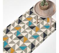 HOMESCAPES Tapis Copenhagen en coton au look scandi avec des motifs géométriques bleus, jaunes et gris, 66 x 200 cm