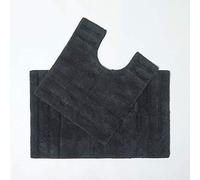 HOMESCAPES Tapis de Bain antidérapant 50 x 80cm + Contour WC 50 x 55cm, Lot de Tapis de Bain en Pur Coton Ultra Doux, Couleur Noir