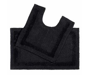 HOMESCAPES Tapis de Bain et Contour WC en Coton, Noir, Ensemble Tapis Salle de Bain et WC - Lot de 2
