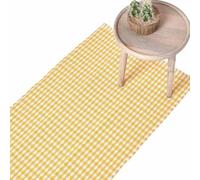 HOMESCAPES Tapis de Couloir Carreaux Vichy rectangulaire en 100% Coton - Tissé Main Motif Damier Jaune 66x200 cm - Tapis Long ou Grand Tapis Descente de lit
