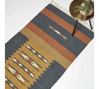 HOMESCAPES Tapis de Couloir Kilim en Coton et Jute, Tapis Bleu Lundi, Tapis de Salon Artisanal 80x180 cm