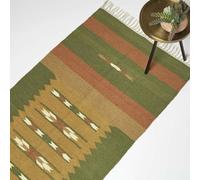 HOMESCAPES Tapis de Couloir Kilim en Coton et Jute, Tapis Vert Lundi, Tapis de Salon Artisanal 66x200 cm