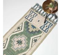 HOMESCAPES Tapis de Couloir Kilim en Laine Matala, Tapis Long 66x200 cm, Tapis Vert et Bleu Artisanal