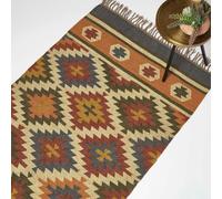 HOMESCAPES Tapis de jute tissé main Lucea - 160 x 230 cm, motif kilim orange-bleu