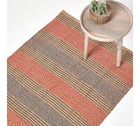 HOMESCAPES Tapis décoratif à Rayures Orange et marronde 90 x 150 cm en 100% Coton avec des Franges Fait à la Main