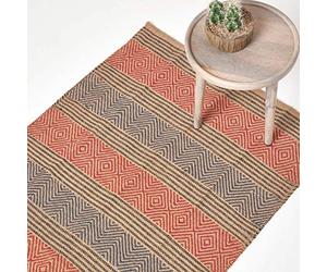HOMESCAPES Tapis décoratif à Rayures Orange et marronde 90 x 150 cm en 100% Coton avec des Franges Fait à la Main