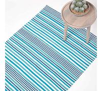 HOMESCAPES Tapis décoratif Multicolore à Rayures Bleues de 60 x 100 cm en 100% Coton