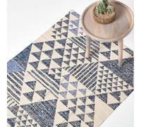 HOMESCAPES Tapis en coton Delphi à motifs géométriques bleu et blanc, 160 x 230 cm