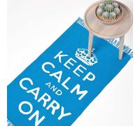 HOMESCAPES Tapis en coton Keep Calm and Carry On - bleu-blanc, 60x100 cm