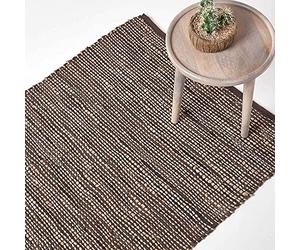 HOMESCAPES Tapis en Cuir et Chanvre Madras Marron, 90 x 150 cm
