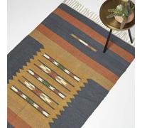 HOMESCAPES Tapis Kilim en Coton et Jute, Tapis Bleu Lundi, Tapis de Salon Artisanal 240x300 cm