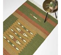 HOMESCAPES Tapis Kilim en Coton et Jute Vert, Tapis Lundi, Tapis de Salon Artisanal 90x150 cm