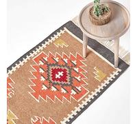 HOMESCAPES - Tapis Kilim en Laine à Motif géométrique Marron, Fabrication Artisanale - Jaipur - 66 x 200 cm