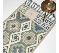 HOMESCAPES Tapis Kilim en Laine Matala, Tapis Rectangulaire 90x150 cm, Vert et Bleu Artisanal